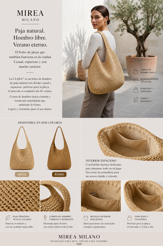 CLARA™ • Bolso de Playa Paja Natural Hombro Verano | Accesorios de Autor