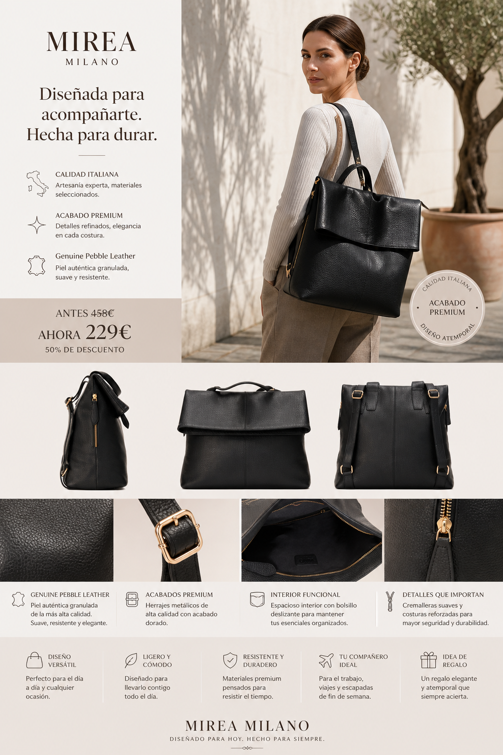 EMILIA™ • Mochila Convertible Piel Genuina Pebble Asas Ajustables | Accesorios de Autor