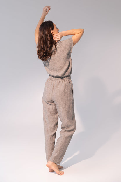 NUNZIA™ • Pijama de Lino Gris Oscuro Rayas | Loungewear Europeo de Primera Calidad