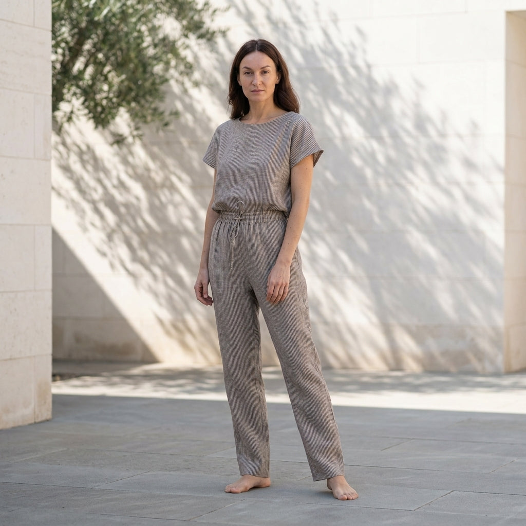 NUNZIA™ • Pijama de Lino Gris Oscuro Rayas | Loungewear Europeo de Primera Calidad