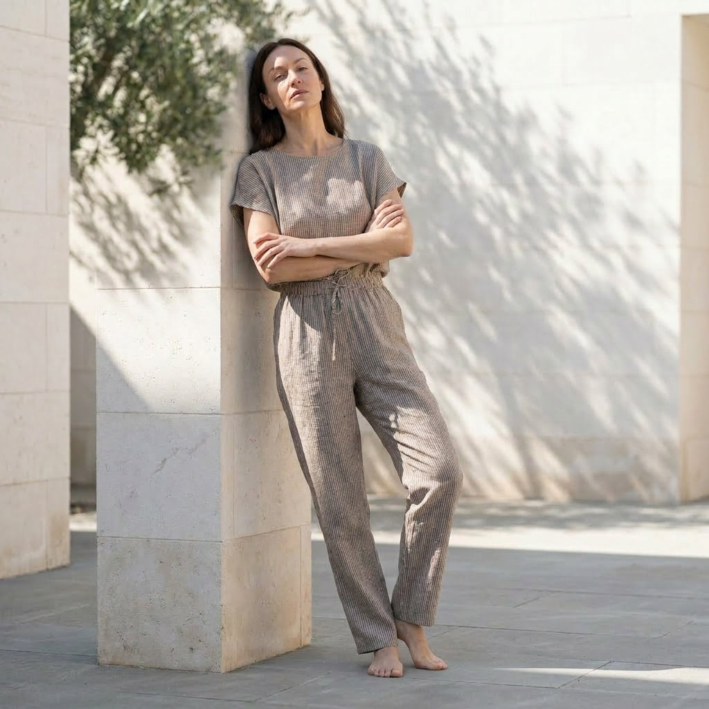 NUNZIA™ • Pijama de Lino Gris Oscuro Rayas | Loungewear Europeo de Primera Calidad