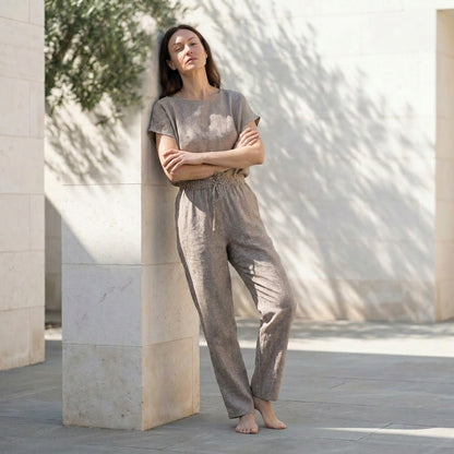 NUNZIA™ • Pijama de Lino Gris Oscuro Rayas | Loungewear Europeo de Primera Calidad