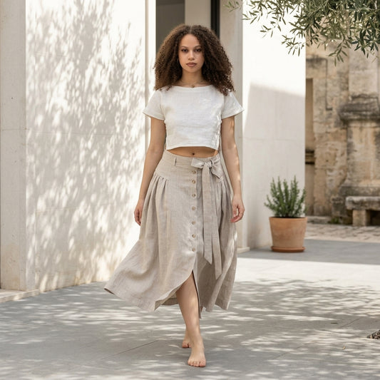VINCENZA™ • Set Taormina | Crop Top y Falda Midi en Lino Europeo de Primera Calidad