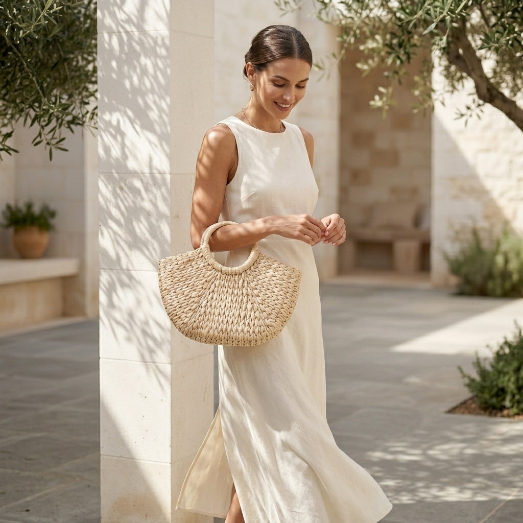 DOLCE™ • Bolso Semicircular Paja Natural Asa Superior Verano | Accesorios de Autor