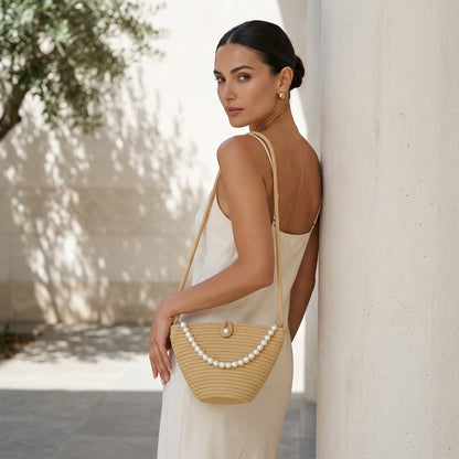 SIMONETTA™ • Bolso de Hombro Tejido Perlas Latte Minimal | Accesorios de Autor