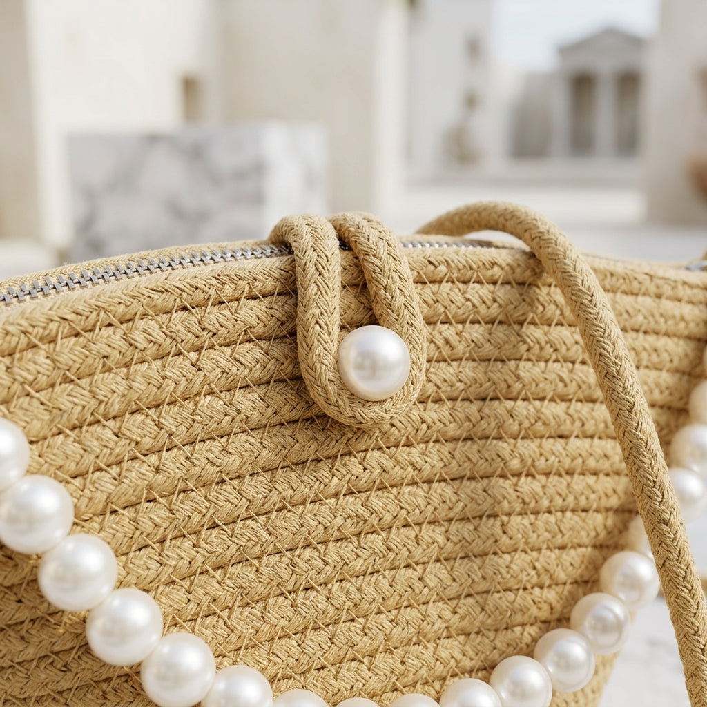 SIMONETTA™ • Bolso de Hombro Tejido Perlas Latte Minimal | Accesorios de Autor