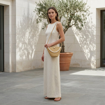 SIMONETTA™ • Bolso de Hombro Tejido Perlas Latte Minimal | Accesorios de Autor