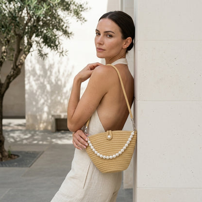 SIMONETTA™ • Bolso de Hombro Tejido Perlas Latte Minimal | Accesorios de Autor