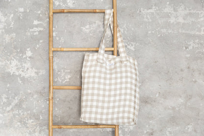 GRAZIELLA™ • Bolsa Weekender de Lino Europeo Cuadros Natural y Blanco | Accesorios de Autor